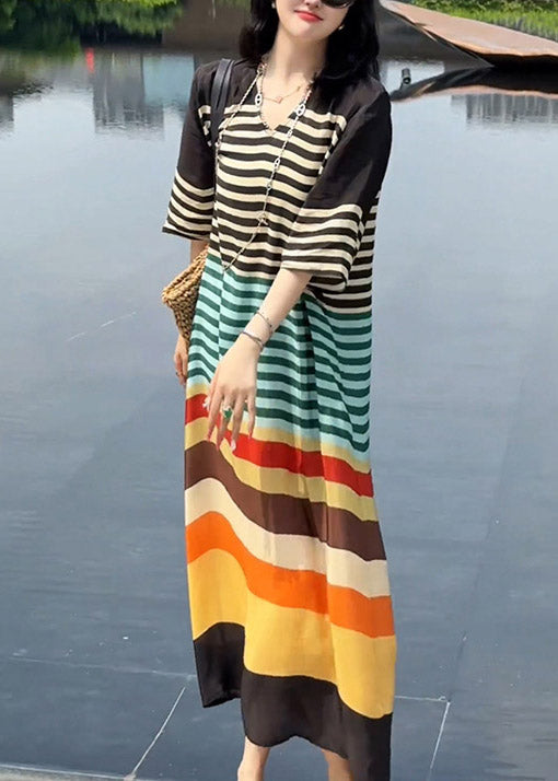 Italian V Neck Rainbow Striped Silk Dress Summer