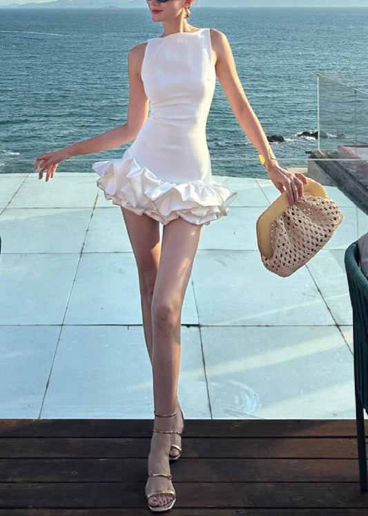 Italian White Backless Solid Cotton Party Dress Sleeveless