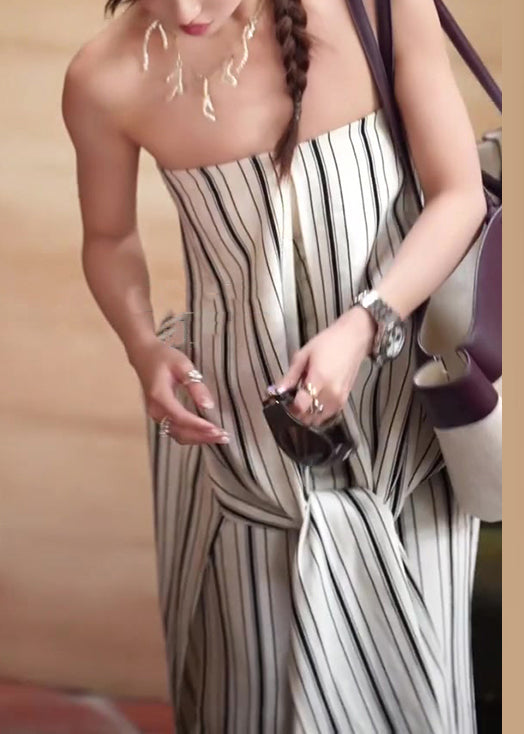Italian White Cold Shoulder Striped Tie Waist Cotton Ankle Dress Sleeveless
