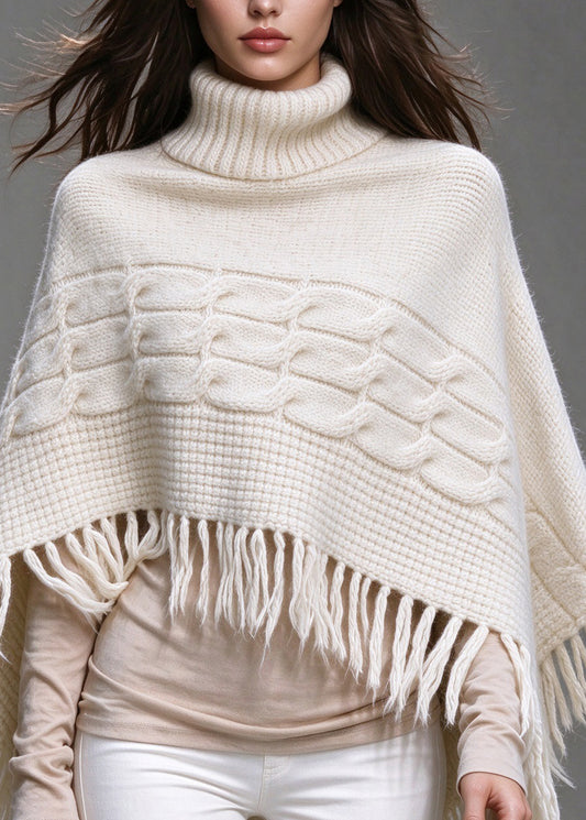 Italian White Hign Neck Tassel Thick Knit Short Sweater Cape Fall