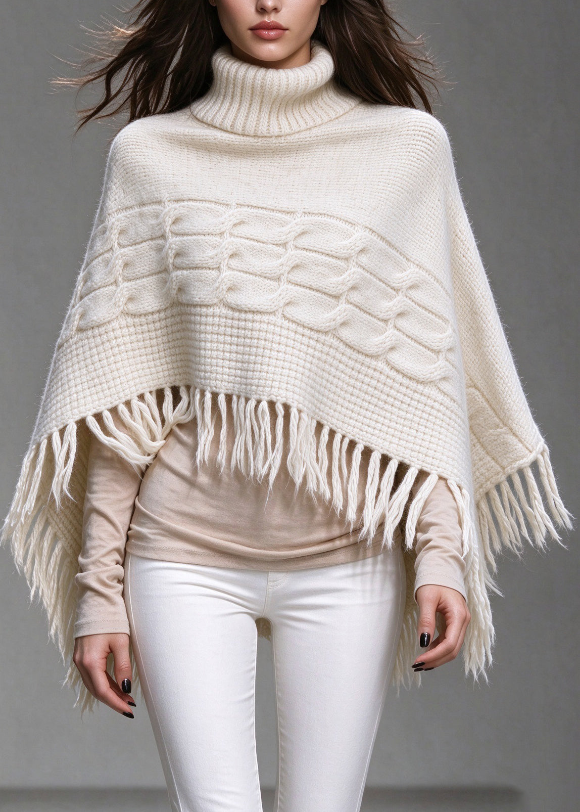 Italian White Hign Neck Tassel Thick Knit Short Sweater Cape Fall