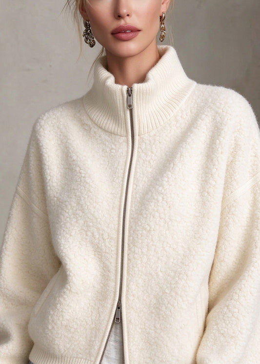 Italian White Hign Neck Zippered Woolen Jacket Winter