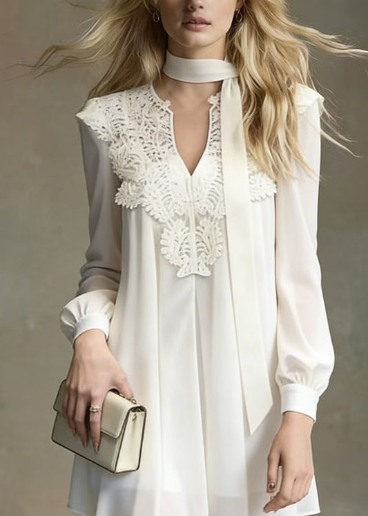 Italian White Lace Patchwork Chiffon Mini Dress Spring