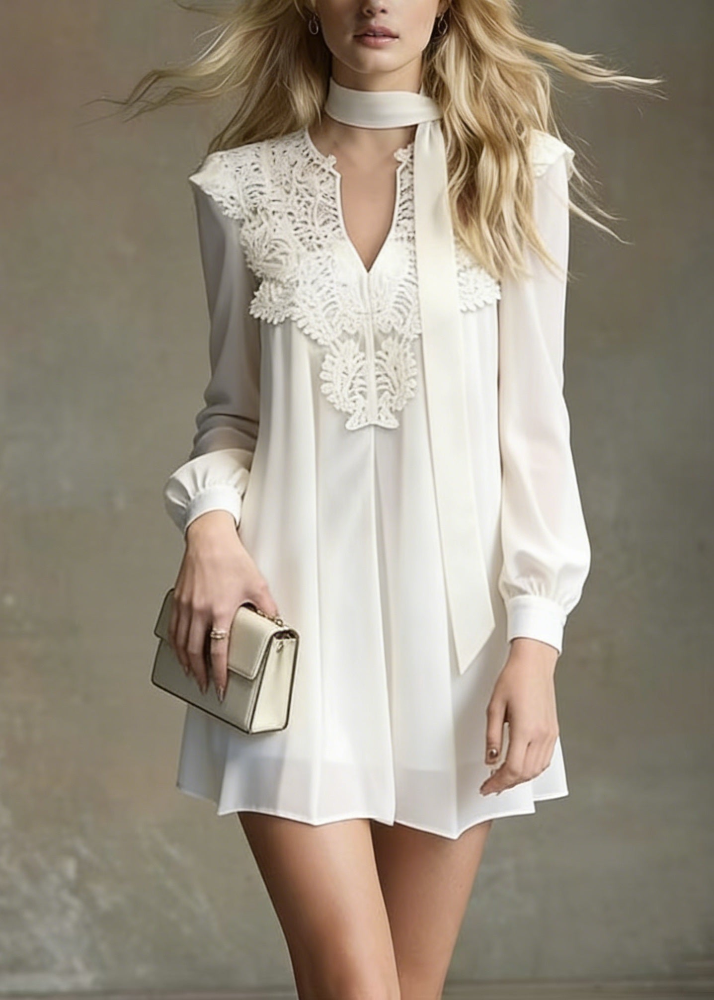 Italian White Lace Patchwork Chiffon Mini Dress Spring