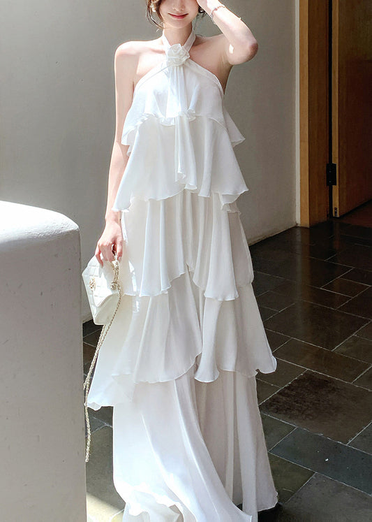 Italian White Ruffled Cold Shoulder Chiffon Halter Dress Summer