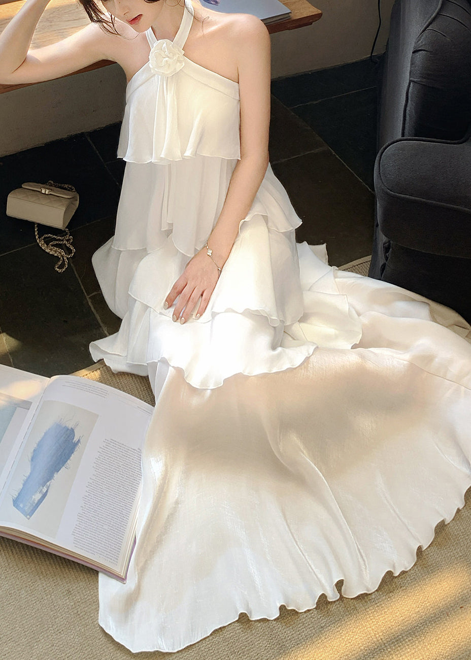 Italian White Ruffled Cold Shoulder Chiffon Halter Dress Summer