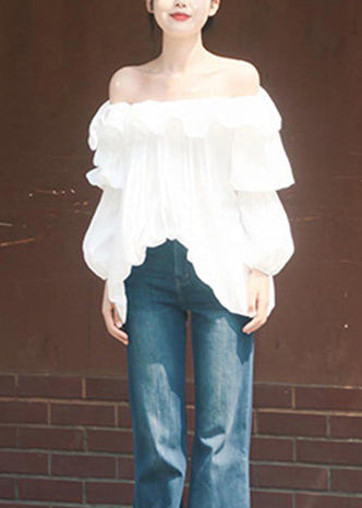 Italian White Ruffled Cold Shoulder Tops Summer