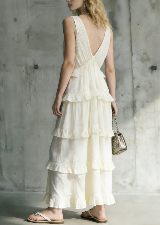 Italian White Ruffled Patchwork Cotton Long Dresses Summer