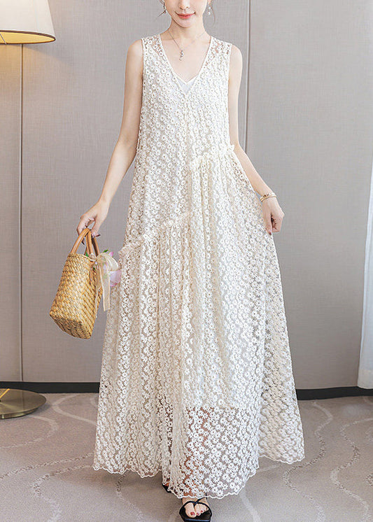 Italian White Ruffled Patchwork Lace Long Dresses Sleeveless