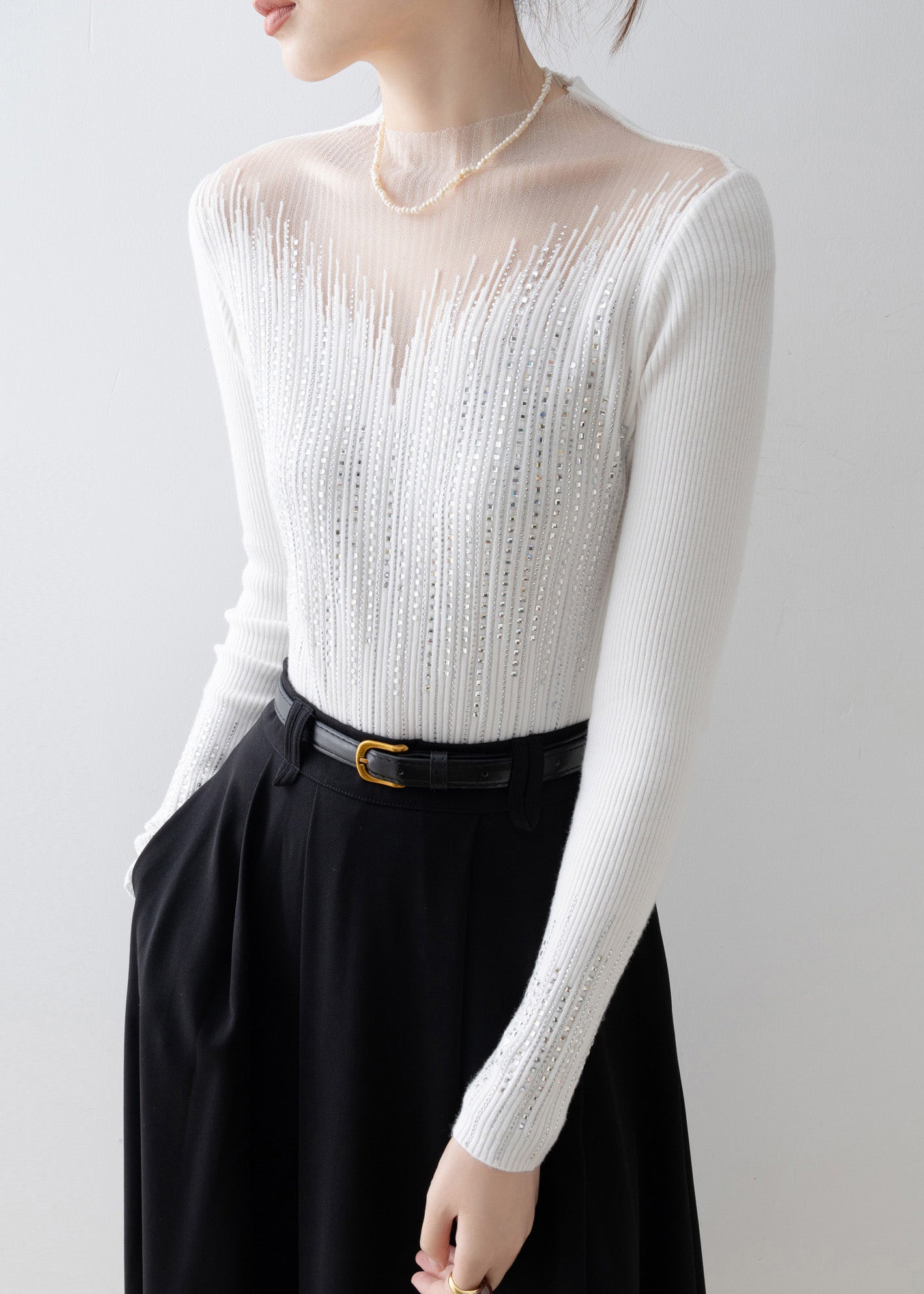 Italian White Tulle Zircon Patchwork Knit Sweater Tops Spring