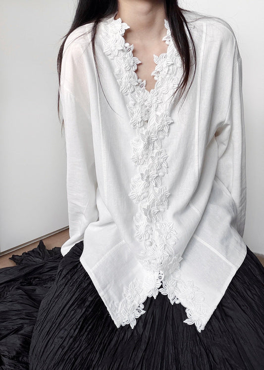 Italian White V Neck Embroidered Cotton Shirts Fall