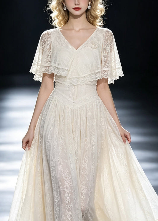 Italian White V Neck Flattering Lace Long Dresses Summer
