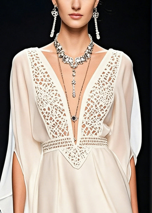 Italian White V Neck Hollow Out Chiffon Mid Dress Batwing Sleeve