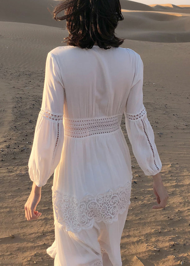 Italian White V Neck Lace Hollow Out Cotton Shirts Dress Fall