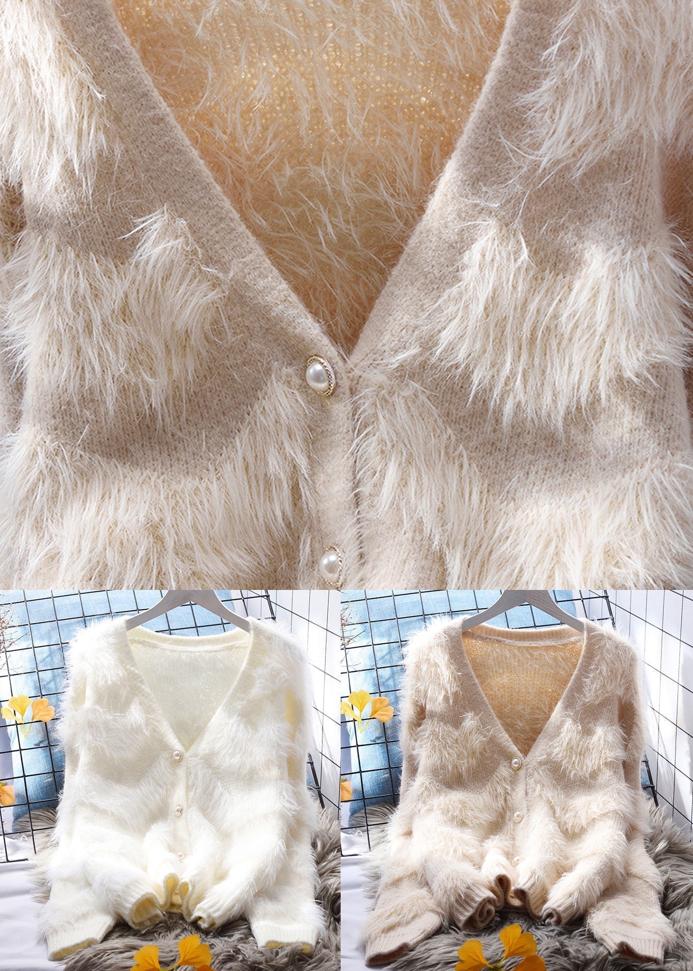 Italian White V Neck Patchwork Mink Hair Knitted Cardigan Fall
