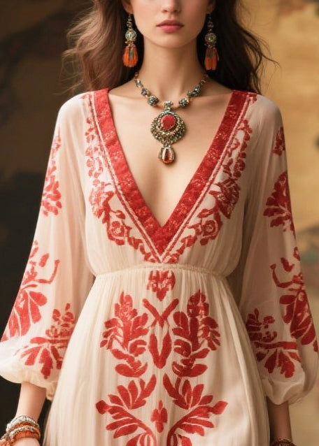 Italian White V Neck Print Chiffon Dress Bracelet Sleeve