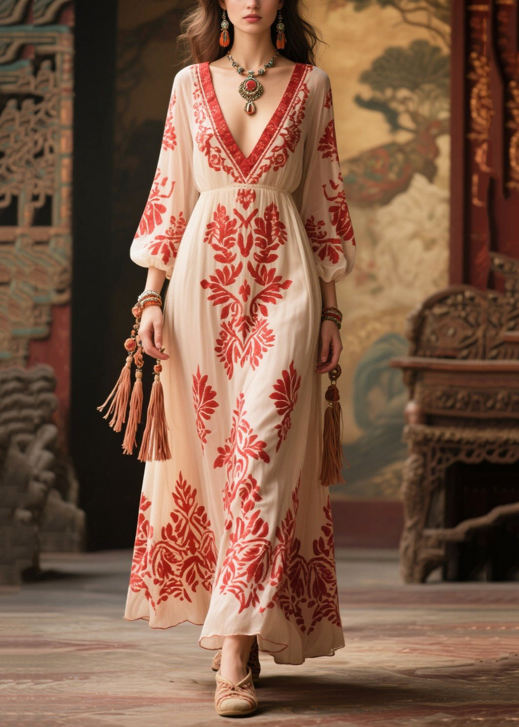 Italian White V Neck Print Chiffon Dress Bracelet Sleeve