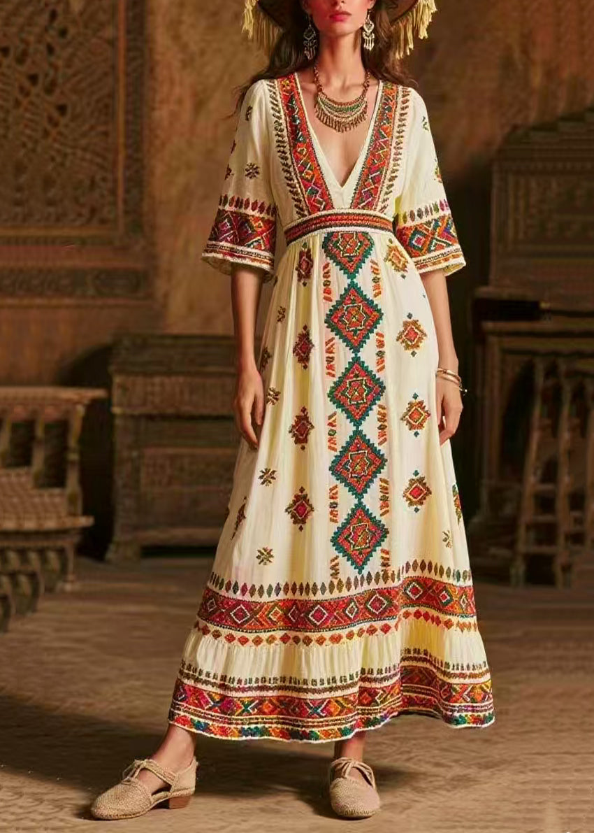 Italian White V Neck Print Chiffon Maxi Dress Half Sleeve