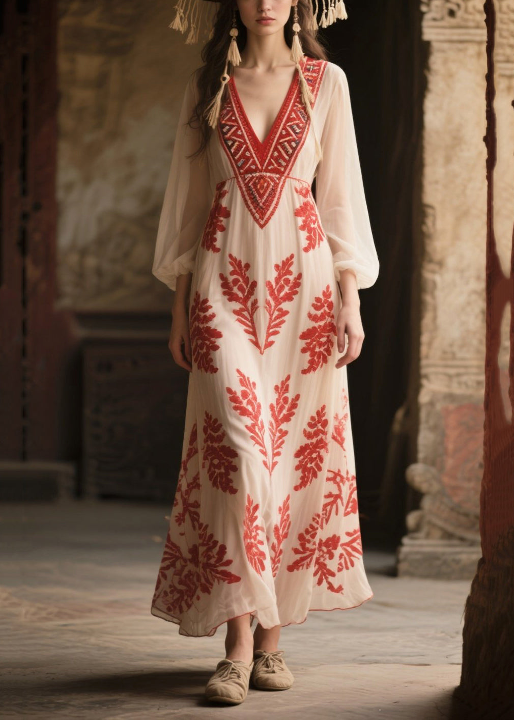 Italian White V Neck Print Chiffon Vacation Dress Fall