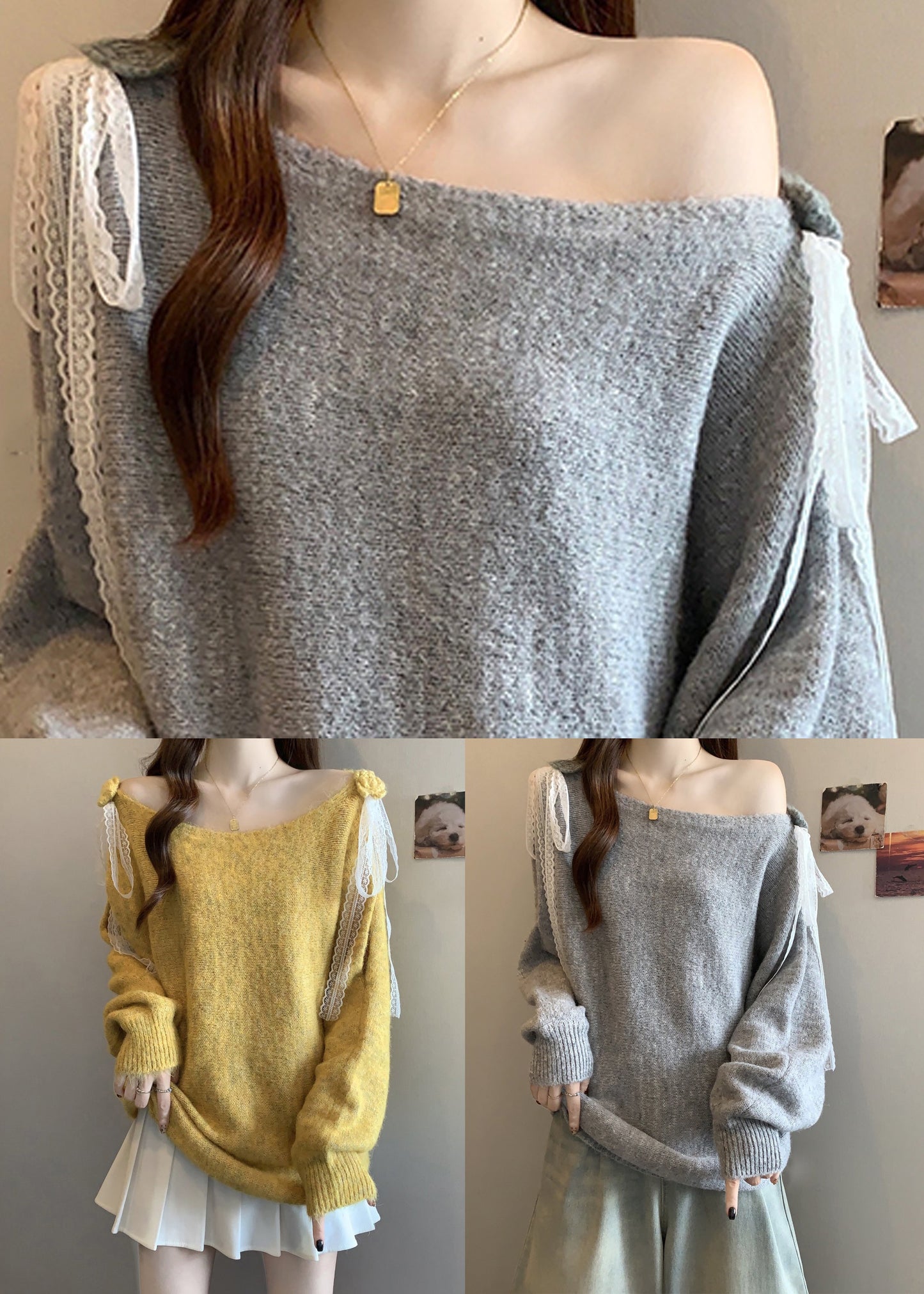 Italian Yellow Hollow Out Lace Patchwork Knit Sweater Spring