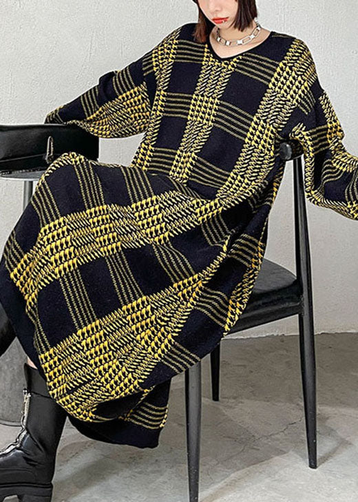 Italian Yellow Plaid V Neck Fall Knit Dress