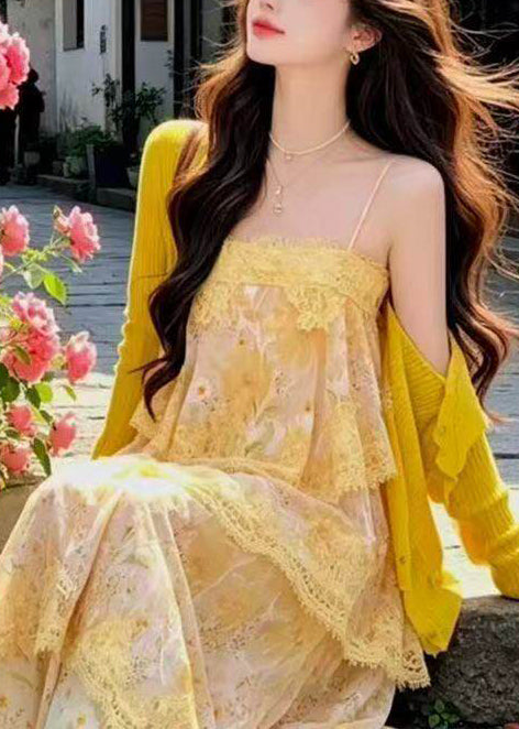 Italian Yellow Print Lace Patchwork Chiffon Sundress Summer