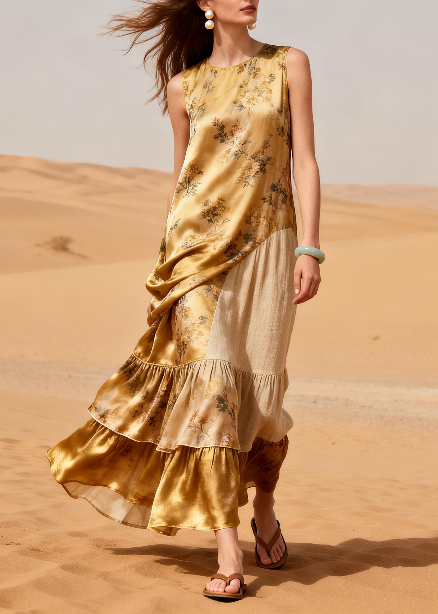 Italian Yellow Ruffled Patchwork Print Silk Holiday Dress Summer