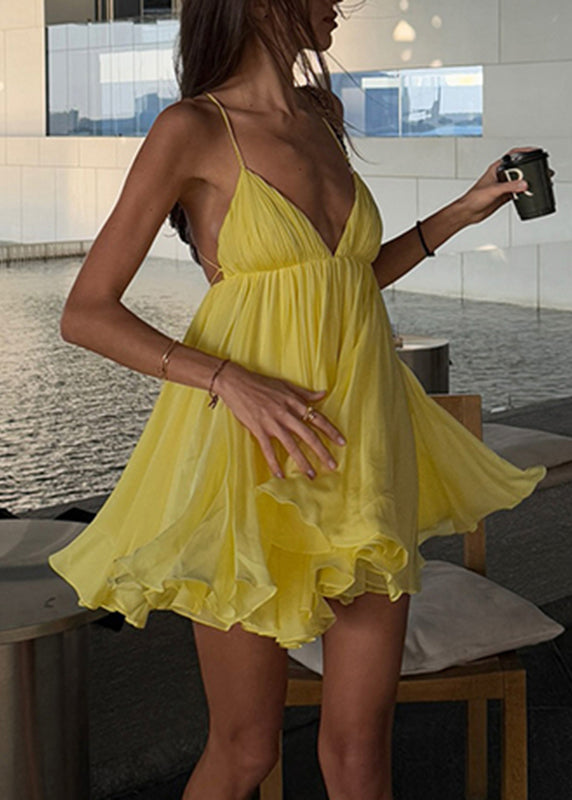 Italian Yellow V Neck Patchwork Backless Mid Spaghetti Strap Dress Summer
