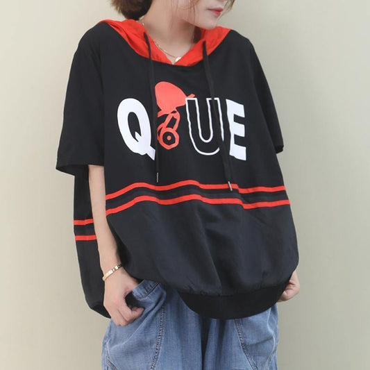 Italian black cotton shirts women hooded half sleeve Dresses summer - SooLinen