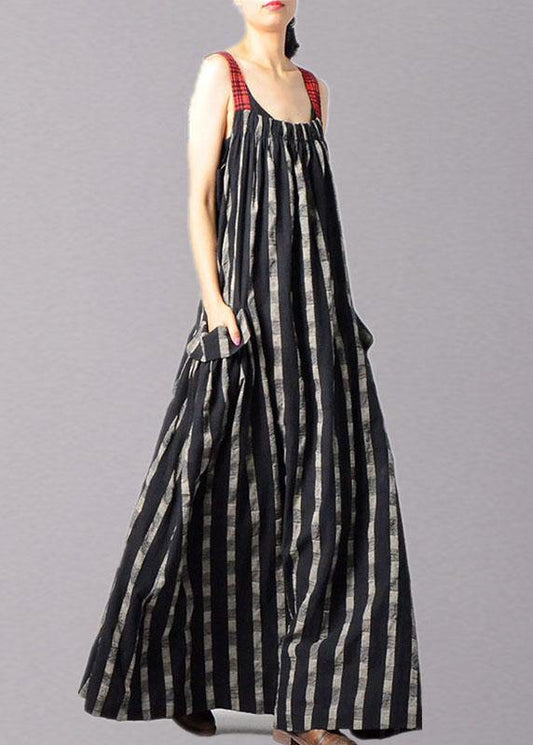 Italian black patchwork linen Robes sleeveless Traveling fall Dress - SooLinen