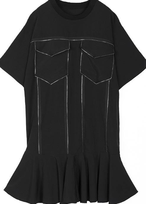 Italian o neck Ruffles silk Cotton dresses Vintage Wardrobes black baggy Dress Summer - SooLinen