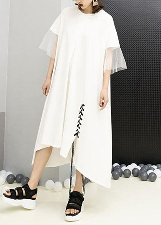 Italian patchwork cotton Tunics Sleeve white Maxi Dresses summer - SooLinen