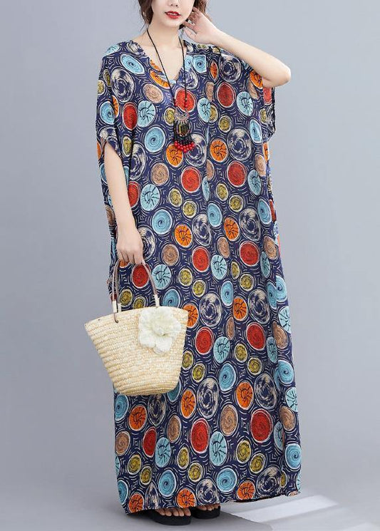 Italian v neck Batwing Sleeve blue dotted Maxi Dresses - SooLinen