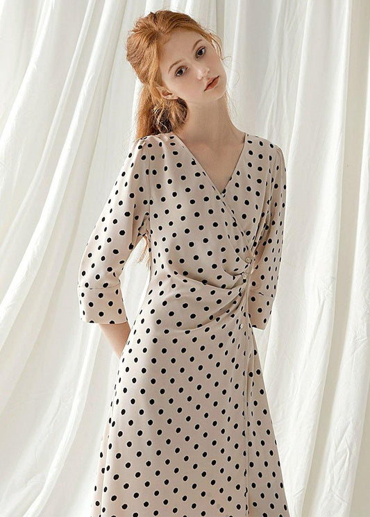 Italian v neck chiffon dresses Fabrics nude dotted Maxi Dresses fall - SooLinen