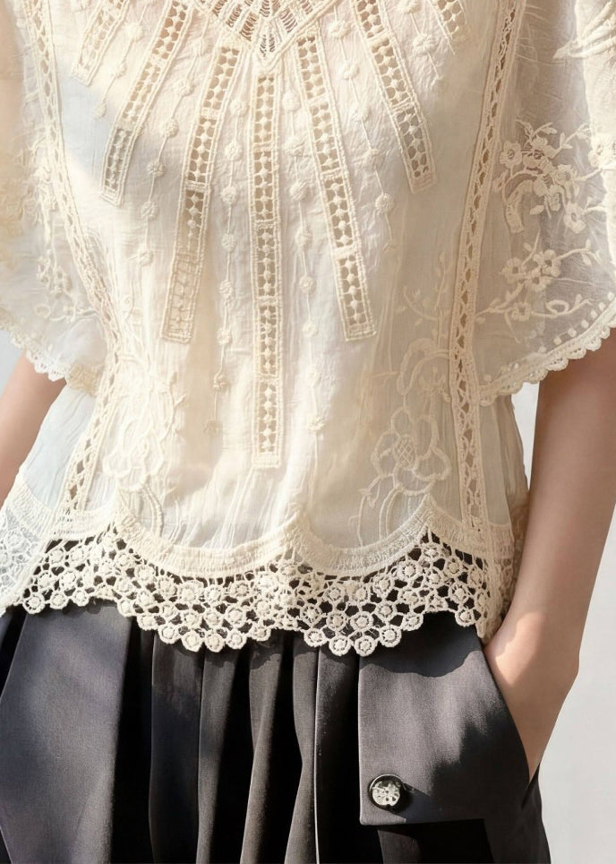 Jacquard Apricot V Neck Hollow Out Top Short Sleeve