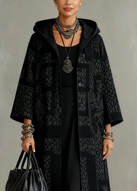 Jacquard Black Hooded Button Pockets Cashmere Long Coats Spring