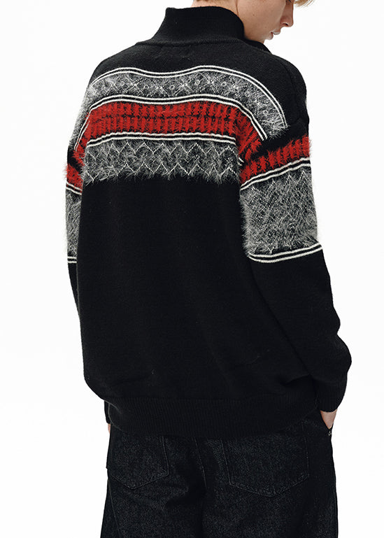 Jacquard Black Peter Pan Collar Patchwork Knit Men Sweater Winter