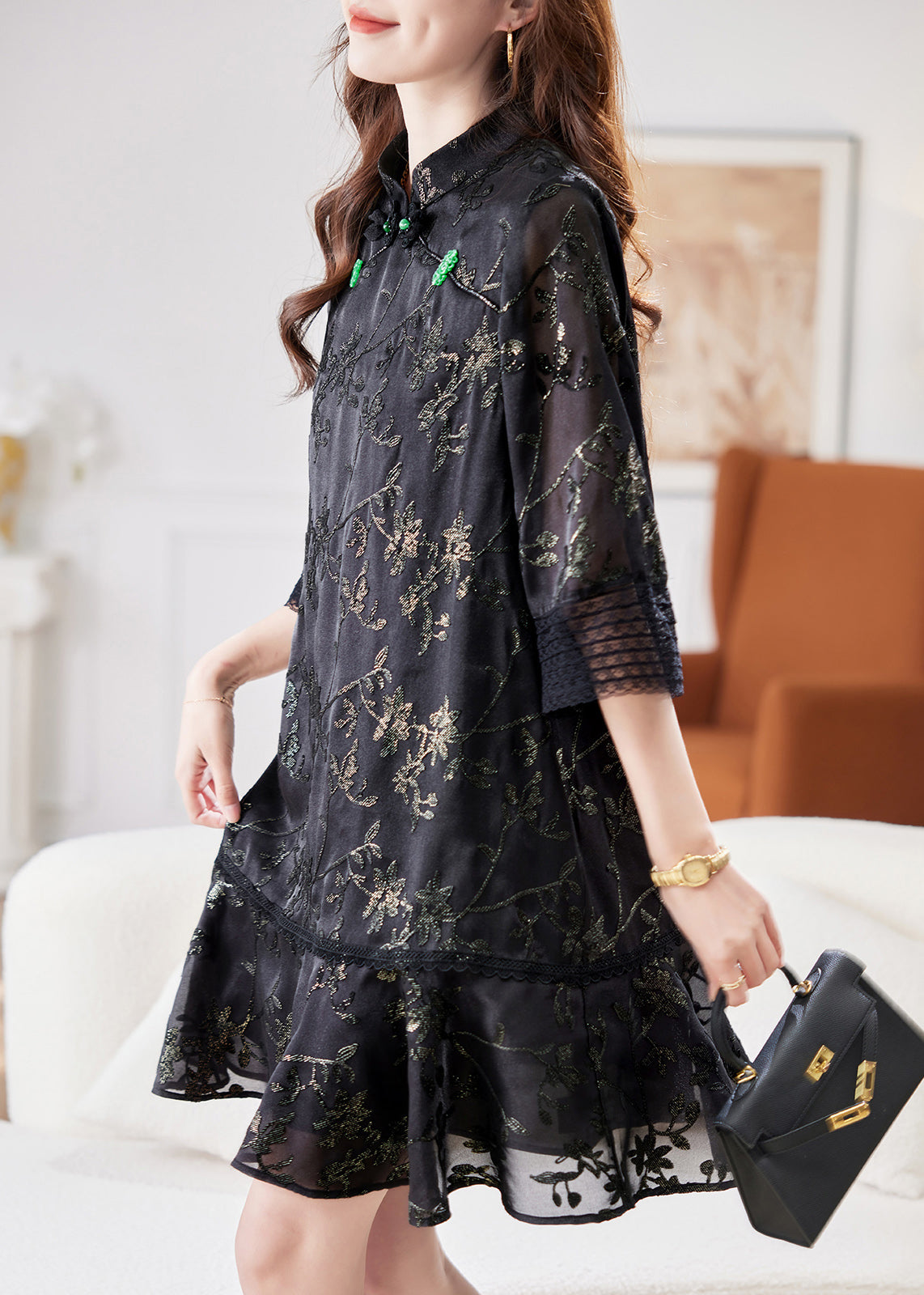 Jacquard Black Stand Collar Patchwork Tulle Mid Dress Half Sleeve