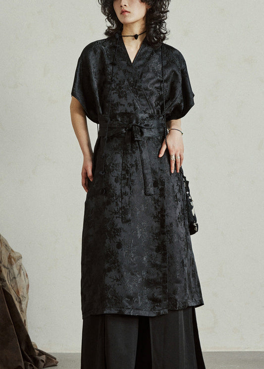 Jacquard Black Tie Waist Solid Silk Maxi Dress Summer