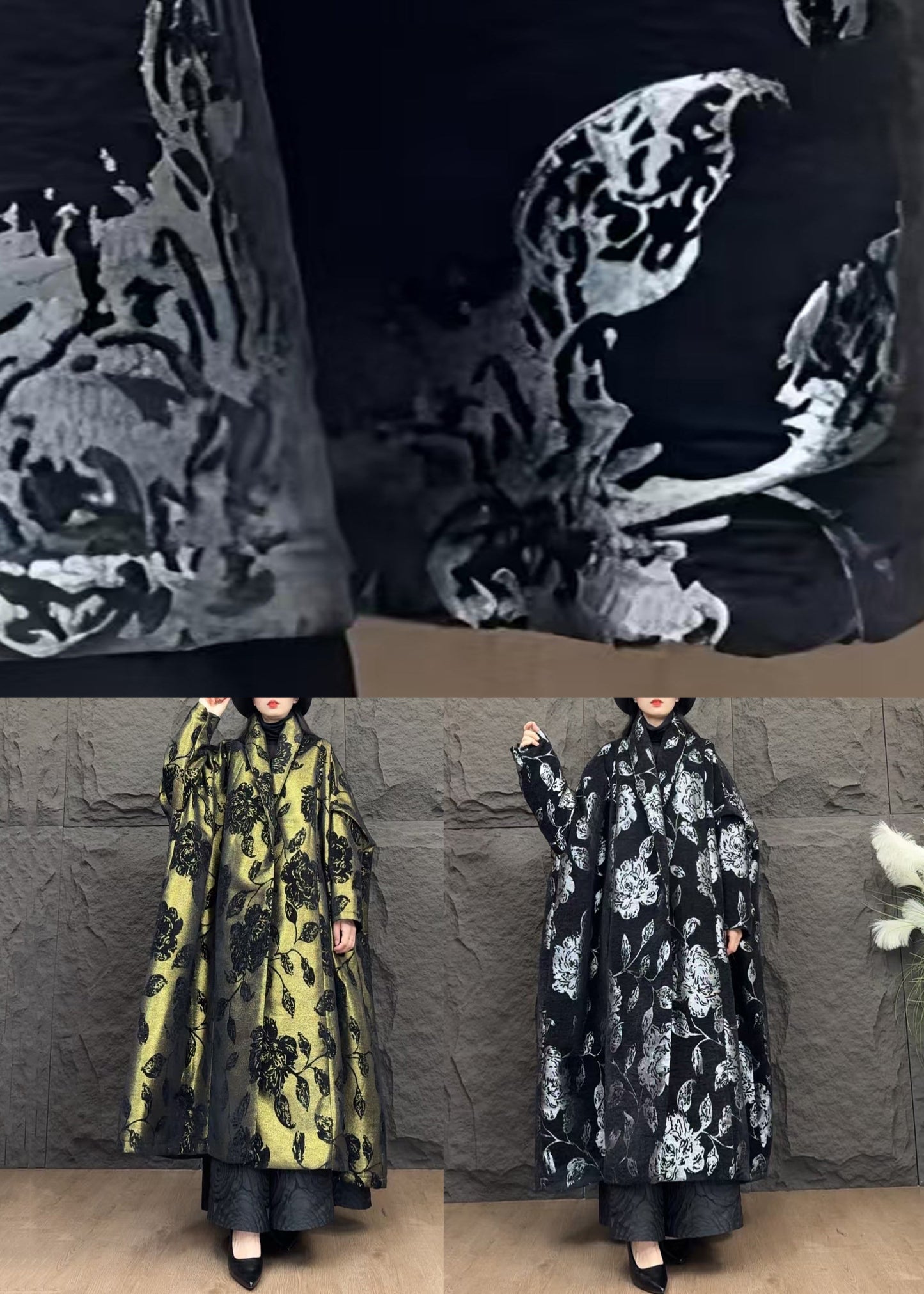 Jacquard Black V Neck Pockets Loose Parkas Winter