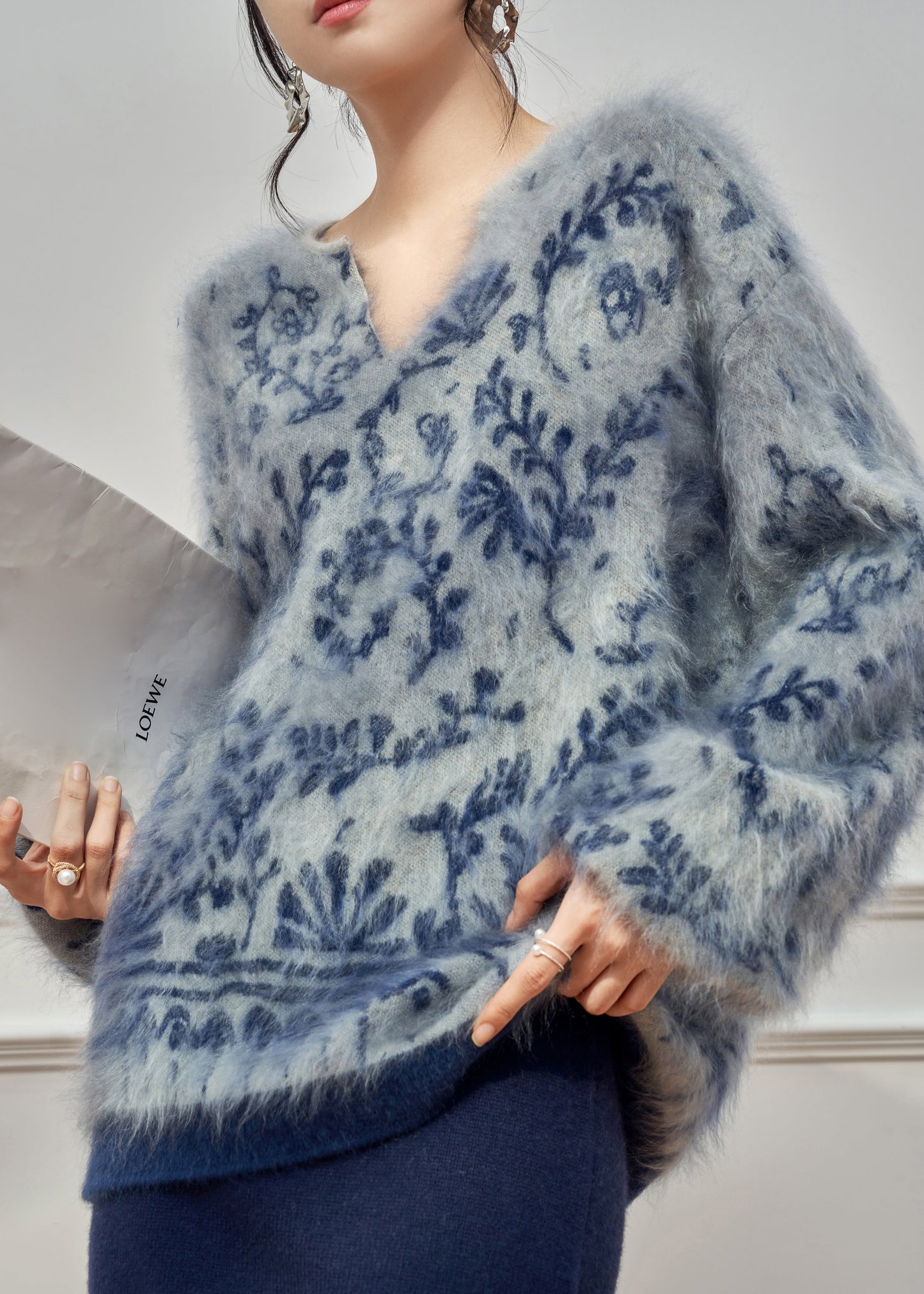 Jacquard Blue V Neck Cozy Knit Sweater Tops Winter