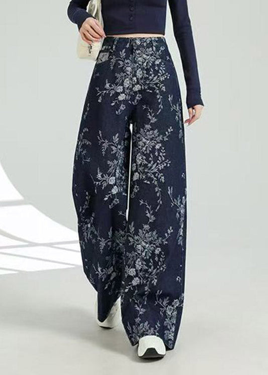 Jacquard Dark Blue Pockets Print Wide Leg Jeans