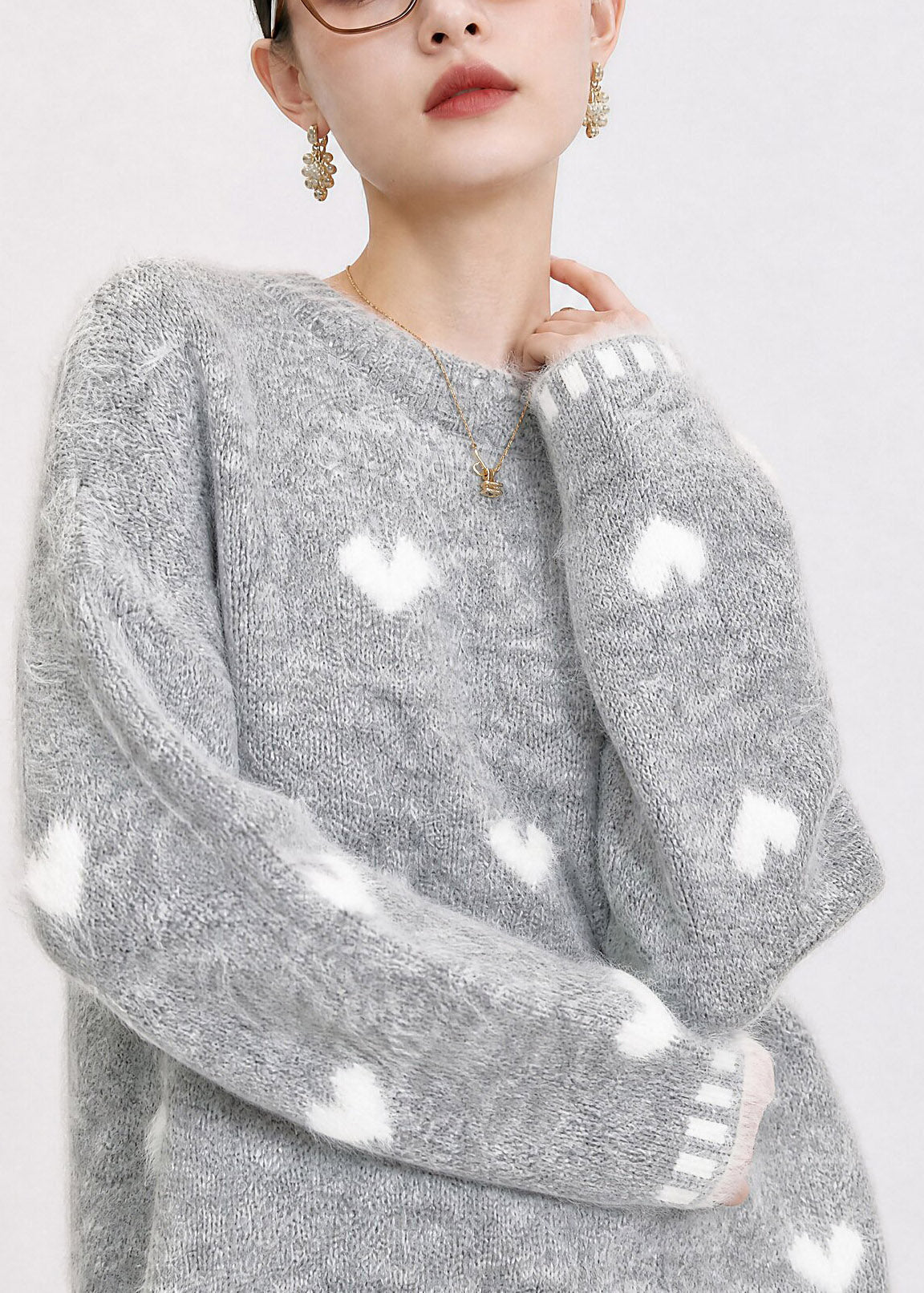 Jacquard Grey O-Neck Love Cotton Knit Sweater Fall