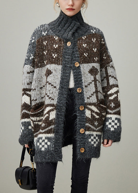 Jacquard Grey Turtleneck Button Patchwork Knit Coat Winter