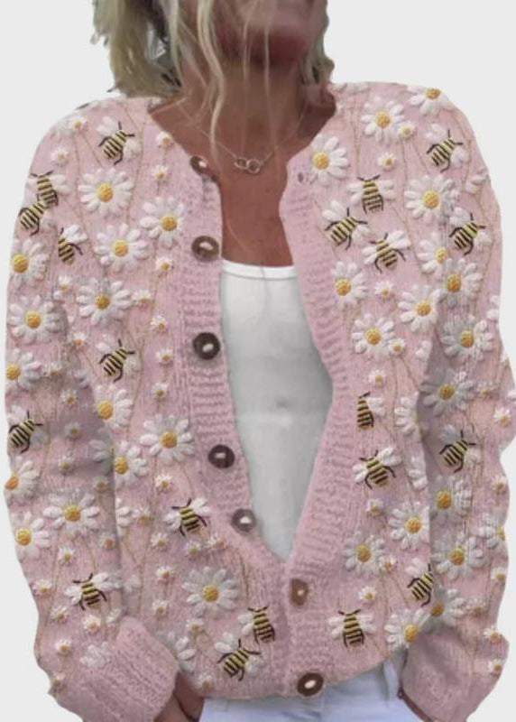 Jacquard Pink Button Cozy Knit Cardigan Spring
