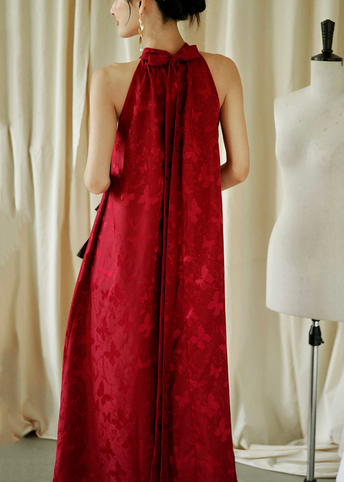 Jacquard Red Bow Loose Cotton Maxi Dresses Sleeveless