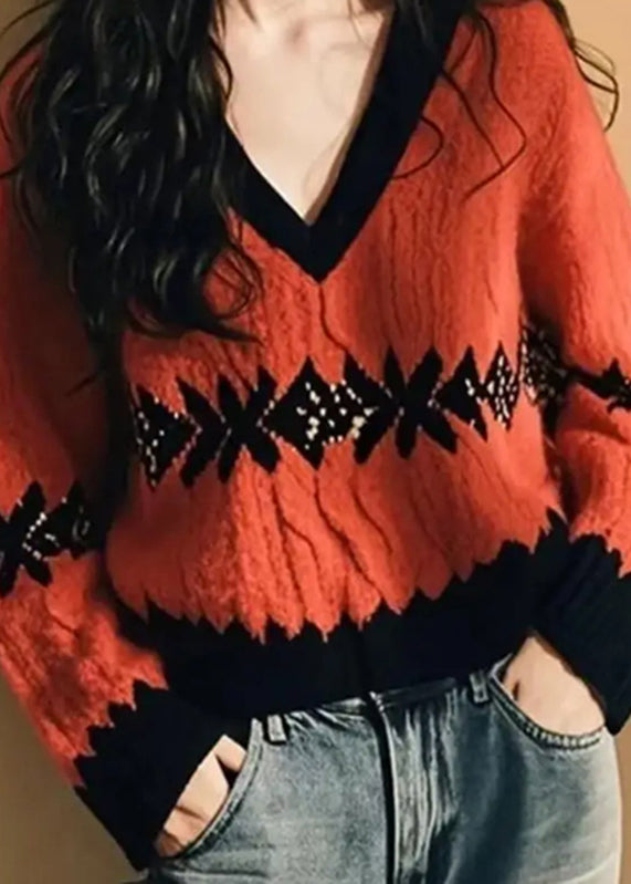 Jacquard Red V Neck Cozy Knit Knitted Sweaters Fall