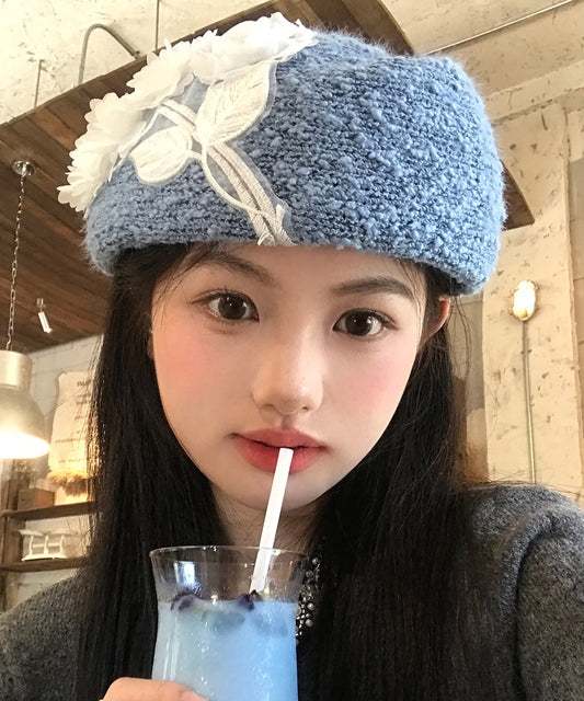 Japanese Style Blue Sweet Flower Blue Knitted Beret Hat
