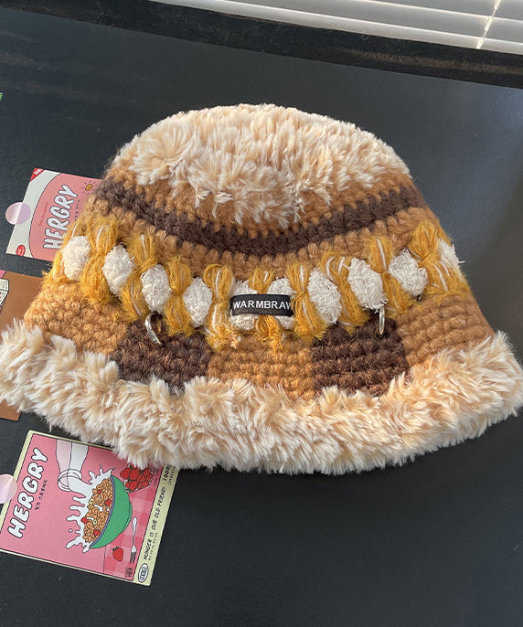 Japanese Style Khaki Thick Warm Fleece Knitted Bucket Hat