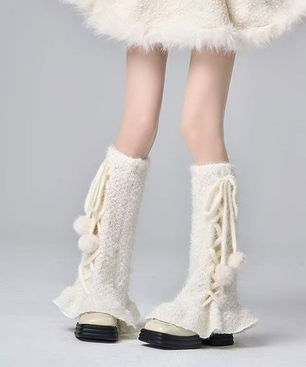 Japanese Style White Cross Strap Fuzzy Fur Fluffy Socks Covers